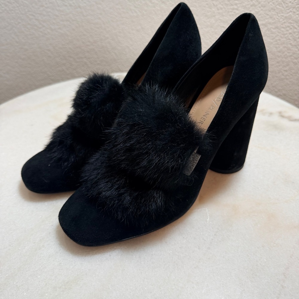 Donald J Pliner Faune Black Suede Fur Trim Block Heel Pumps Womens 9M